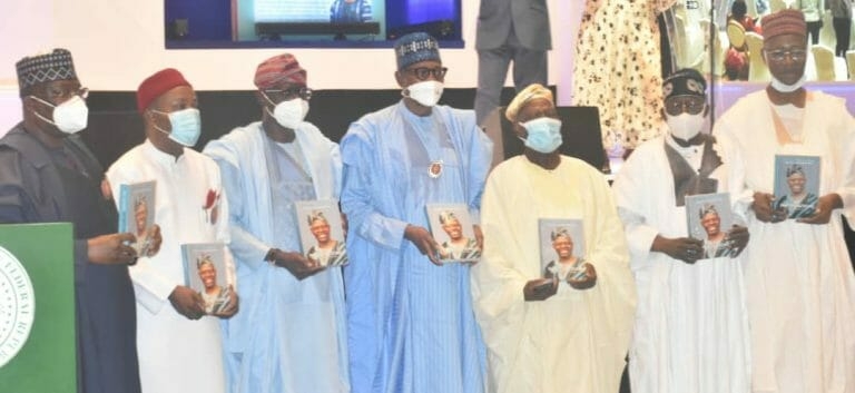 From left, Senate President, Alhaji Ahmed Lawal; Minister of Science and Tech. Dr Ogbonnaya Onu; Gov. Babajide Sanwo-Olu of Lagos State; President Muhammadu Buhari; Osun State Former Governor / Author of the Book, My Participation, Chief Bisi Akande; All Progressive Congress (APC) National Leader, Asiwaji Bola Tinubu and Chairman, Board of Trustees (BoT) of the Tertiary Education Trust Fund (TETFUND), Alhaji Kashim Ibrahim-Imam during the Public Presentation of the Autobiography of Chief Bisi Akande ‘My Participations’ in Lagos on Thursday (09/12/21)