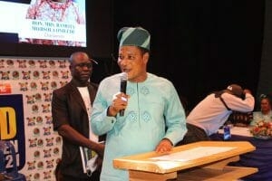 Mr Olusegun Onilude, Chairman, Badagry Local Government, addressing women during 3rd Badagry Women Symposium organised by Women Affairs and Poverty Alleviation on Tuesday.