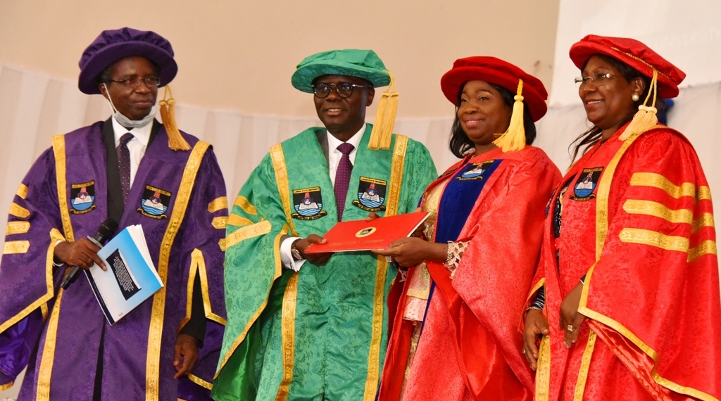 L-R: Chancellor, Lagos State University (LASU), Prof. Gbolahan Elias; Lagos State Governor, Mr Babajide Sanwo-Olu; Chairman, Nigerians in Diaspora Commission (NIDCOM), Hon. Abike Dabiri-Erewa conferred with an honorary doctorate degree and the Vice Chancellor, LASU, Prof. Ibiyemi Olatunji-Bello, during the 25th convocation ceremony of LASU, at the Buba Marwa Complex, the School campus, Ojo, on Thursday, March 24, 2022