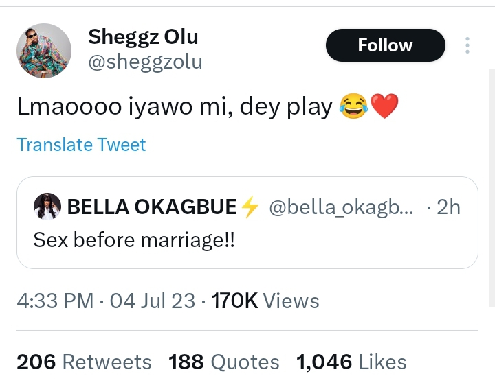 BBNaija's Sheggz reacts as lover, Bella Okagbue kicks against pre-marital intercourse