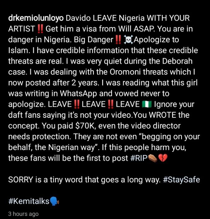 “Why you should flee Nigeria” – Kemi Olunloyo alerts Davido of an impending danger