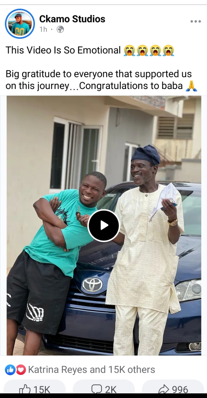 Skitmakers Kamo, Erekere and Salo celebrate with Baba Abija as the veteran actor becomes a car owner (VIDEO)