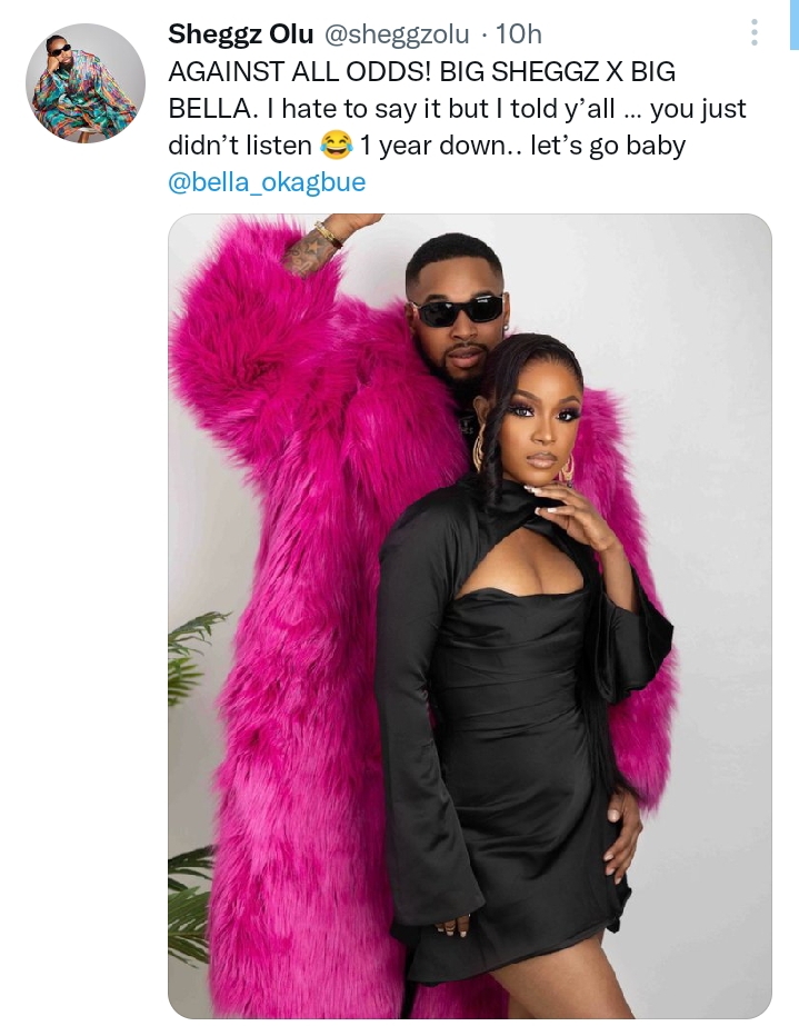 BBNaija’s Sheggz and Bella celebrate first anniversary