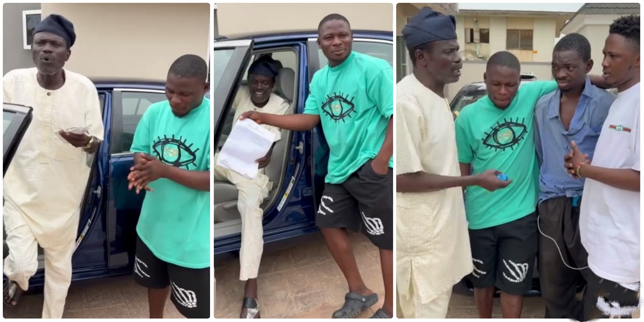 Skitmakers Kamo, Erekere and Salo celebrate with Baba Abija as the veteran actor becomes a car owner (VIDEO)