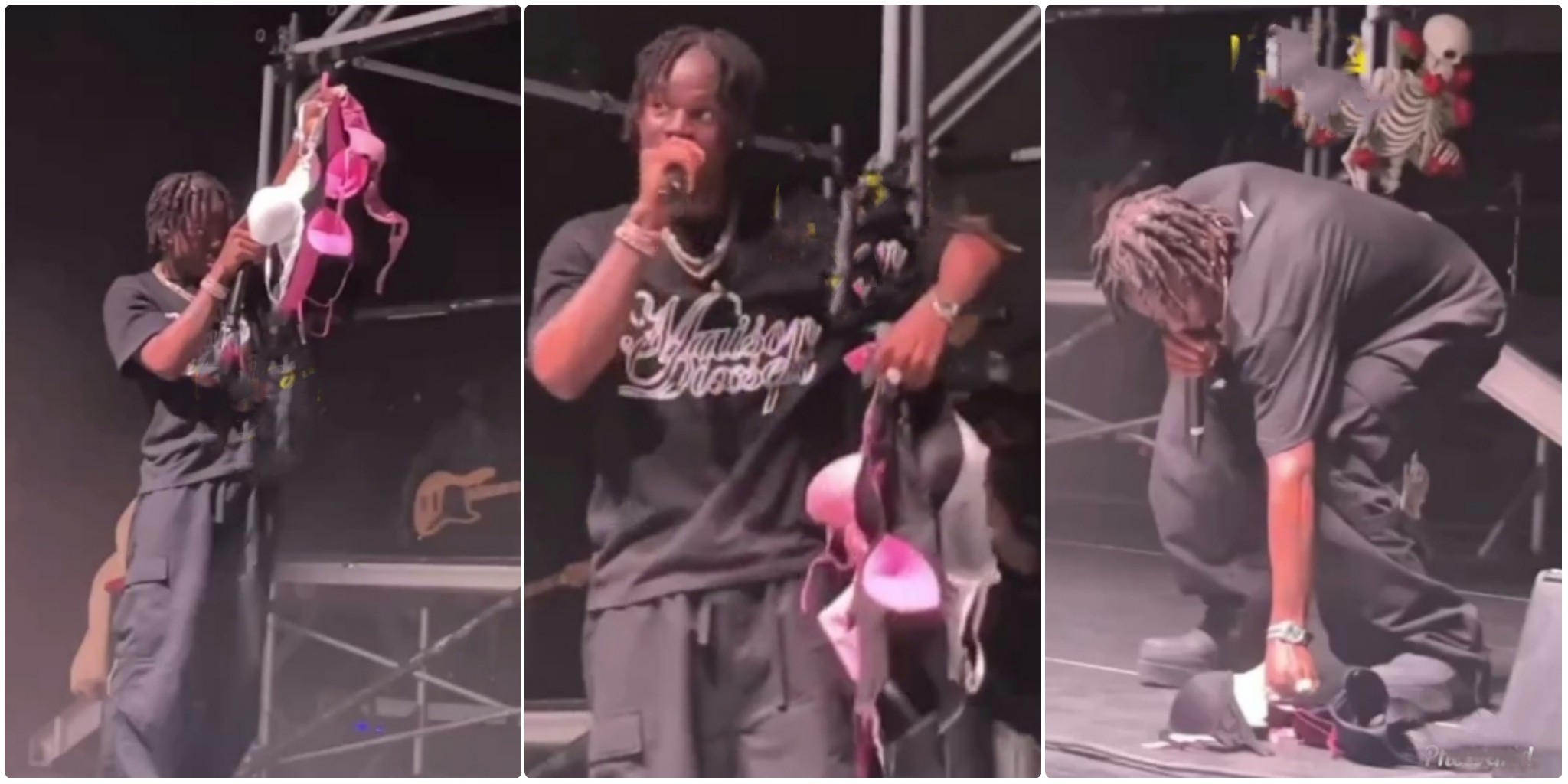 Crowd goes wild as Rema selects his favorite bra, promises to call female fan after Houston concert (VIDEO)