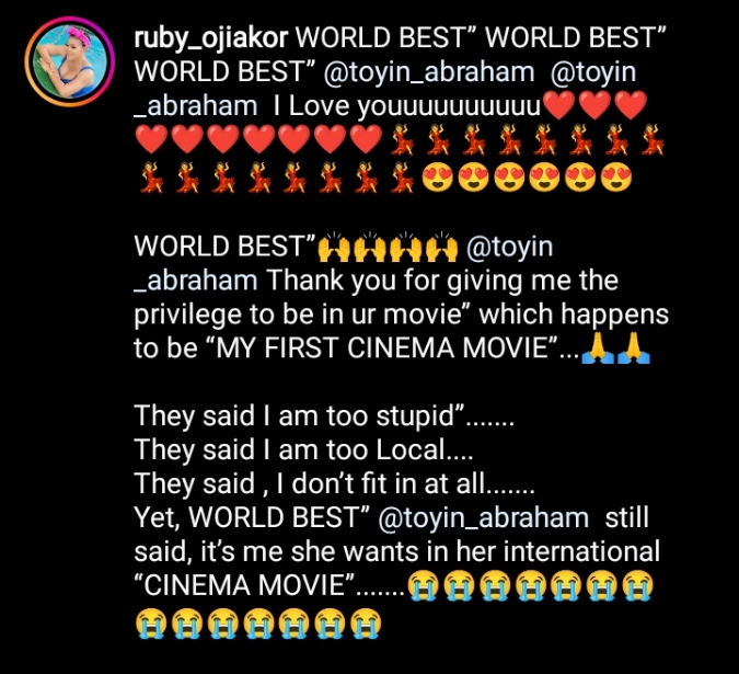 Ruby Ojiakor tearfully rolls on the floor, appreciates Toyin Abraham as she lands first cinema movie role