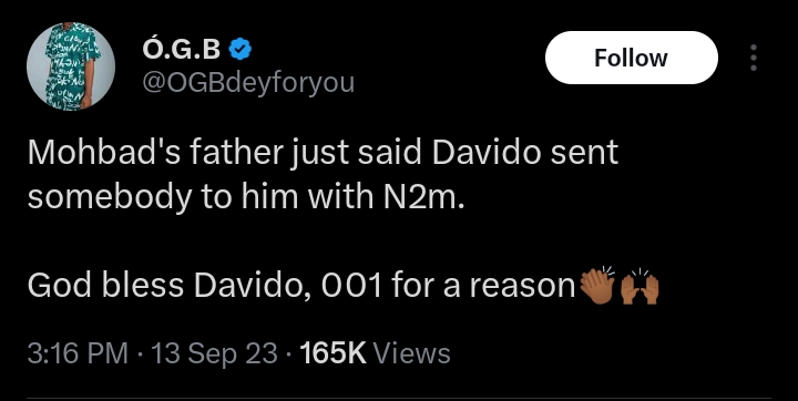 Davido reportedly gives Mohbad’s father N2M