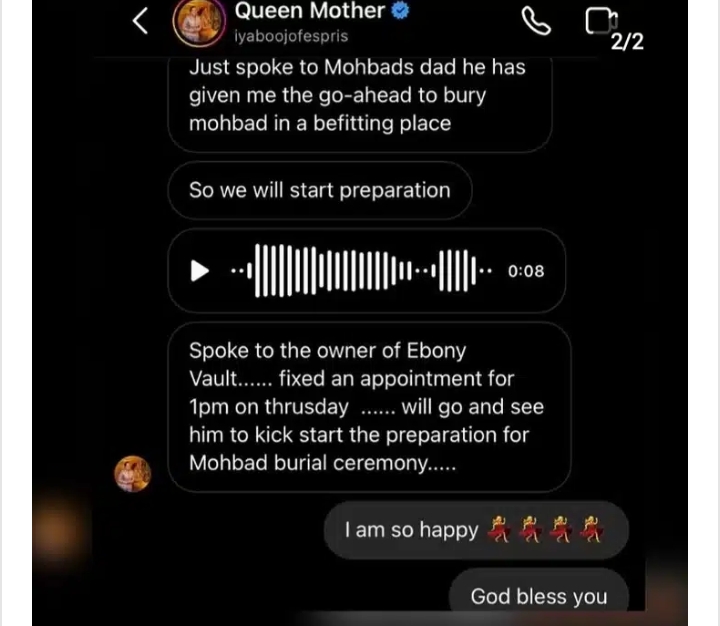 Leaked chat reveals Mohbad's dad response as Iyabo Ojo reaches out to him regarding late singer's reburial