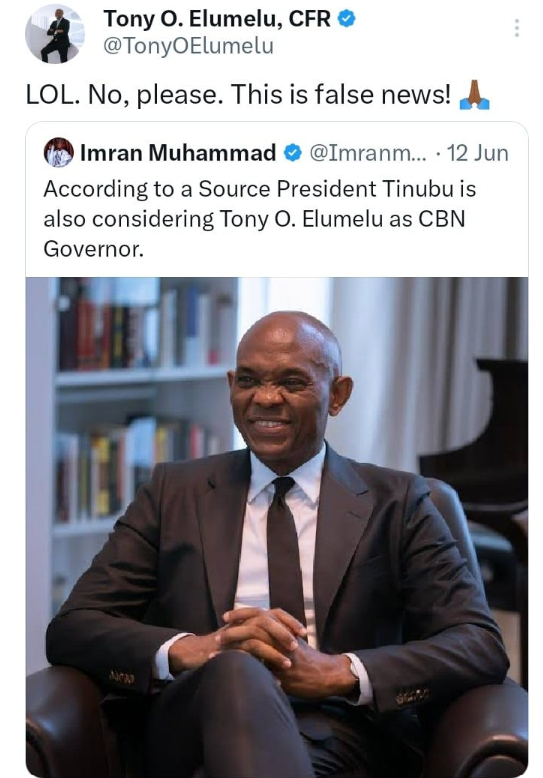 Tony Elumelu reacts to President Tinubu’s alleged plans to make him CBN governor