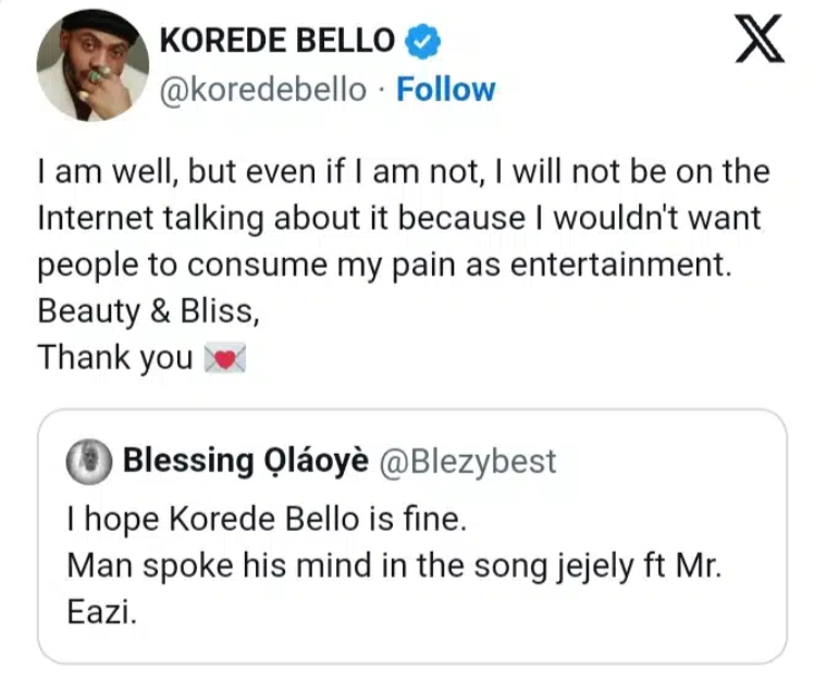 Fans express worry after Korede Bello addresses concerns about his wellbeing