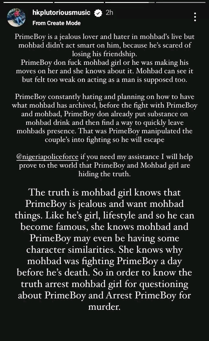 "Primeboy killed Mohbad because he was jealous of him; his wife knows about it”– Singer HK Plutorious alleges