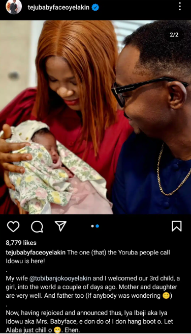 Teju Babyface welcomes third child with wife, hints on retirement from comedy