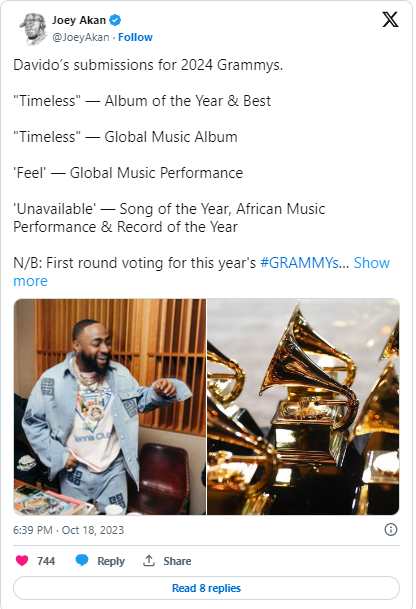 "Grammy fever" - Davido submits works for 2024 consideration