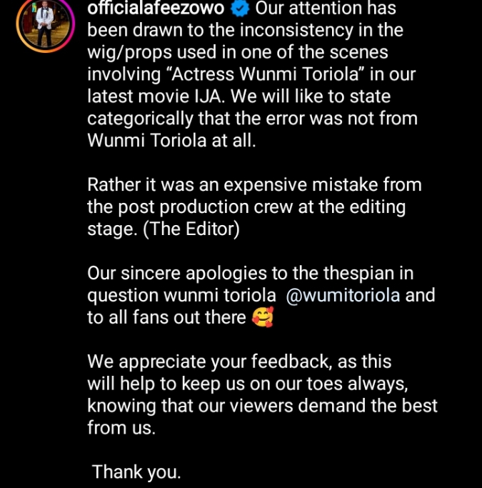 Wumi Toriola demands apology from Afeez Owo over editing error in his movie, he responds