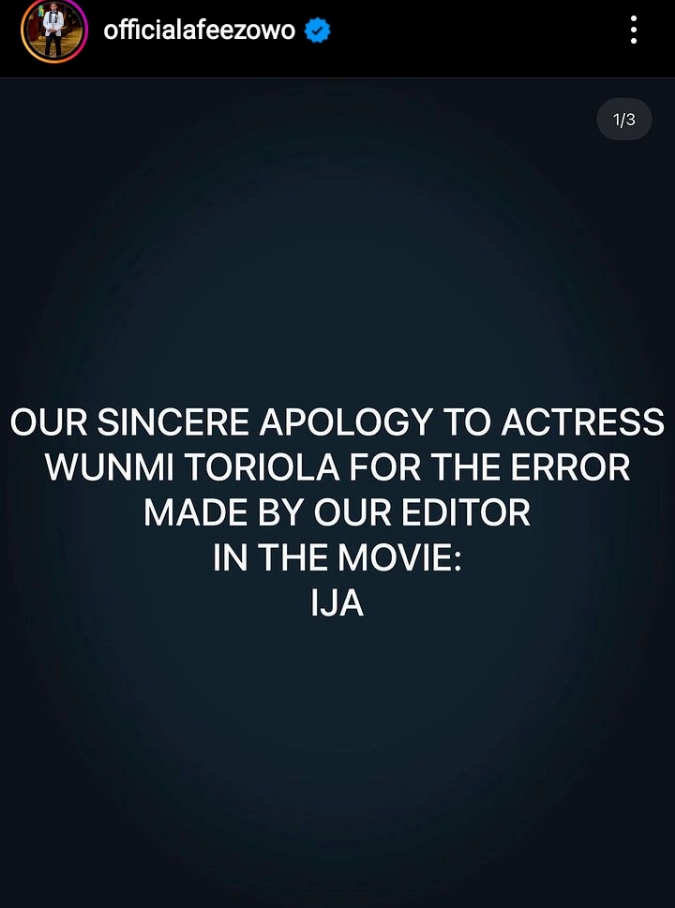 Wumi Toriola demands apology from Afeez Owo over editing error in his movie, he responds