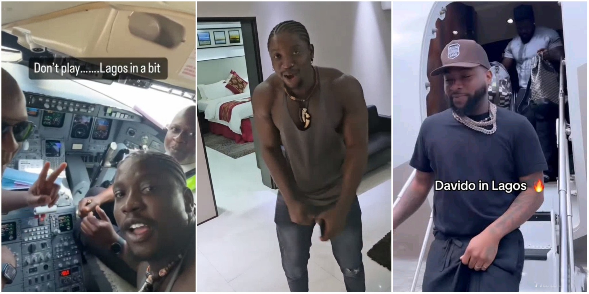 Verydarkman ectatic as Davido flies him to Lagos in private jet; books 5-star hotel room for him