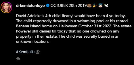 "Davido's estate management said nobody drowned in their property, Ifeanyi was secretly..."