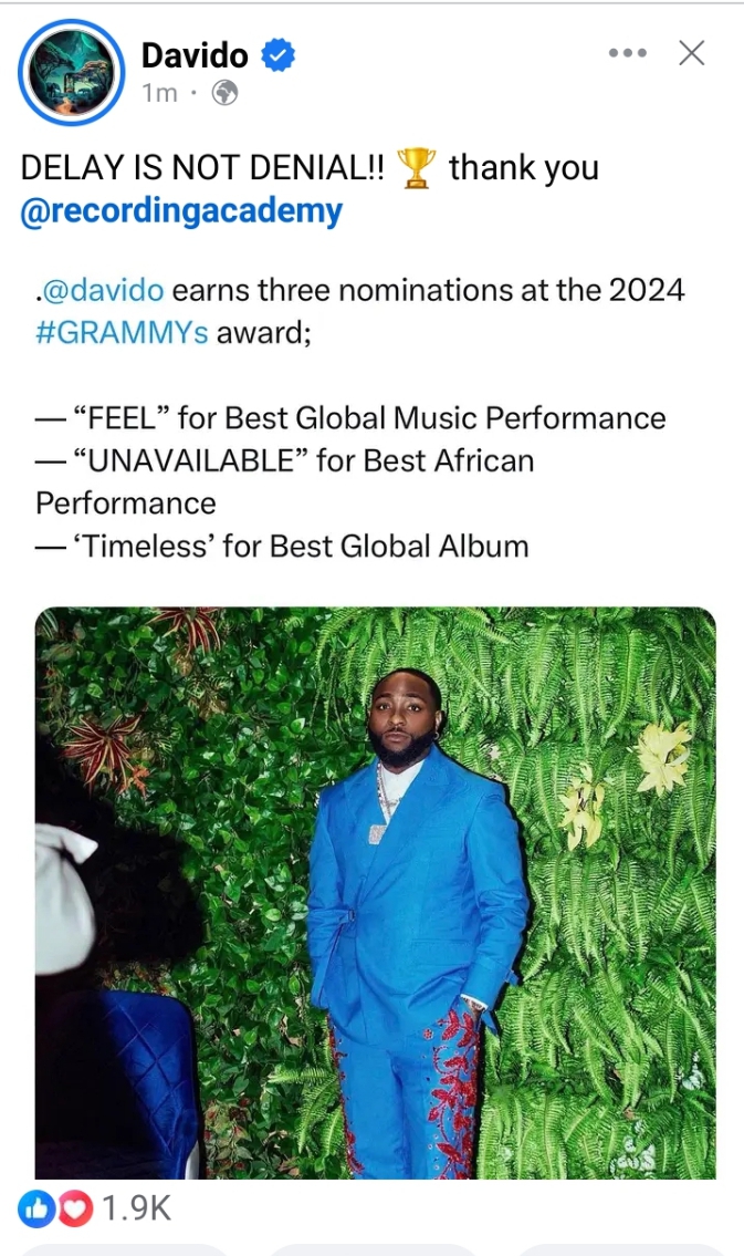 "Delay is not Denial" - Davido ecstatic as he bags 3 Grammy nominations