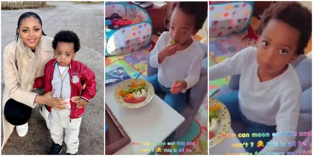 Regina daniels marvels at her son Munir's unique breakfast choices