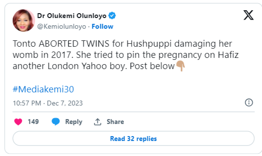 “Tonto Dikeh damaged her womb after having abortion for Hushpuppi” – Kemi Olunloyo