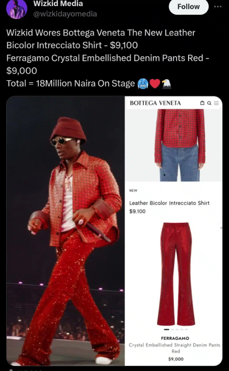 Wizkid stuns many as he rocks Bottega Veneta shirt and Ferragamo denim pants worth over N18 million on stage