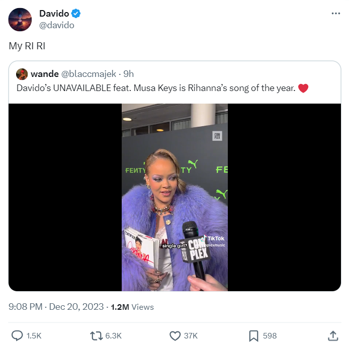 Rihanna names Davido's 'Unavailable' as her favorite song of the year, Davido reacts