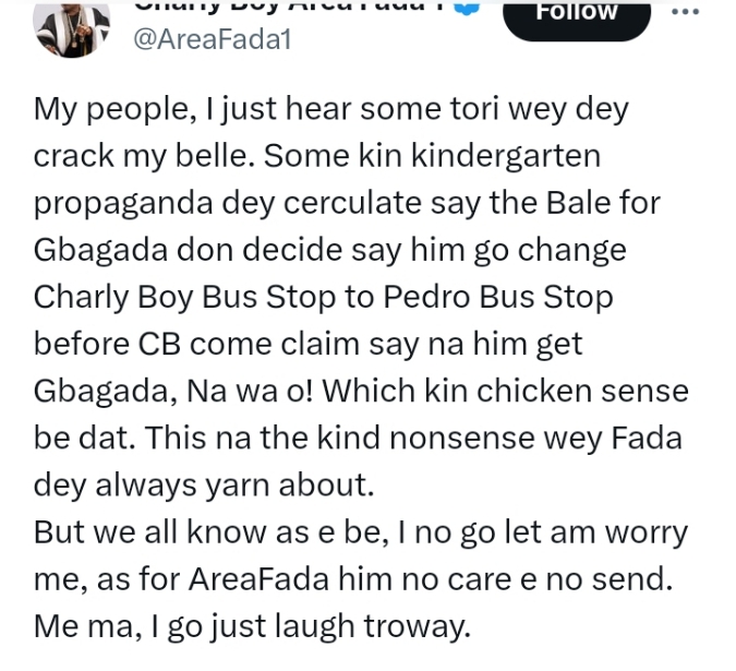 Charly Boy fumes as Baale of Gbagada yanks his name from popular bus-top in Lagos