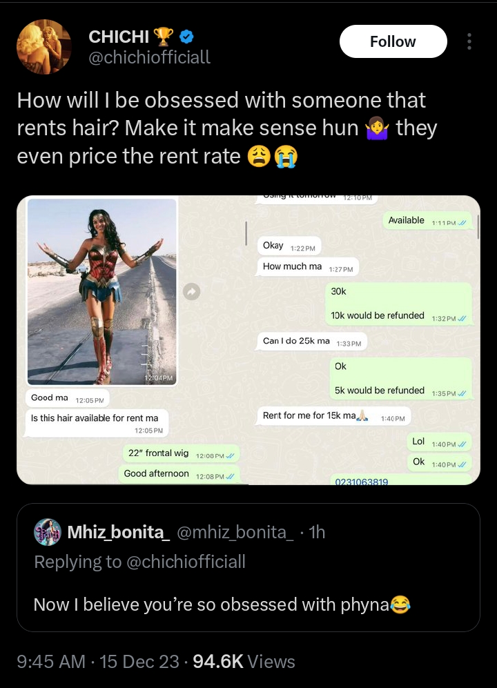 Chi Chi mocks rival, Phyna over claim of renting wig