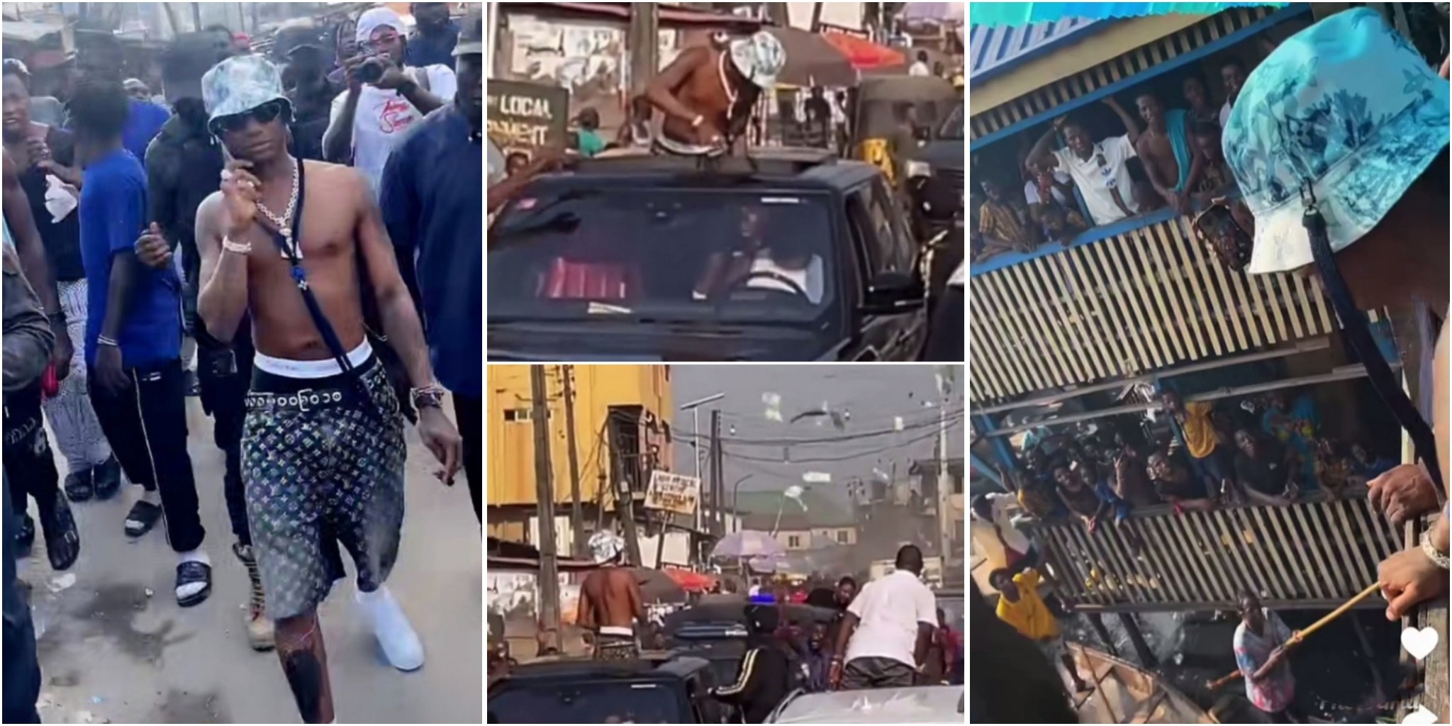 Surulere erupts in jubilation as WizKid storms the streets to fulfill his N100m pledge, rains cash on them