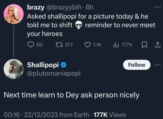 Lady calls out Shallipopi for refusing to take photo with her, singer reacts