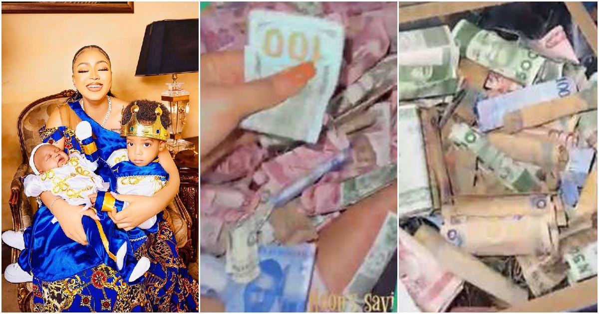 Dollars, other hard currencies spotted as Regina Daniels’ kids break savings box -VIDEO