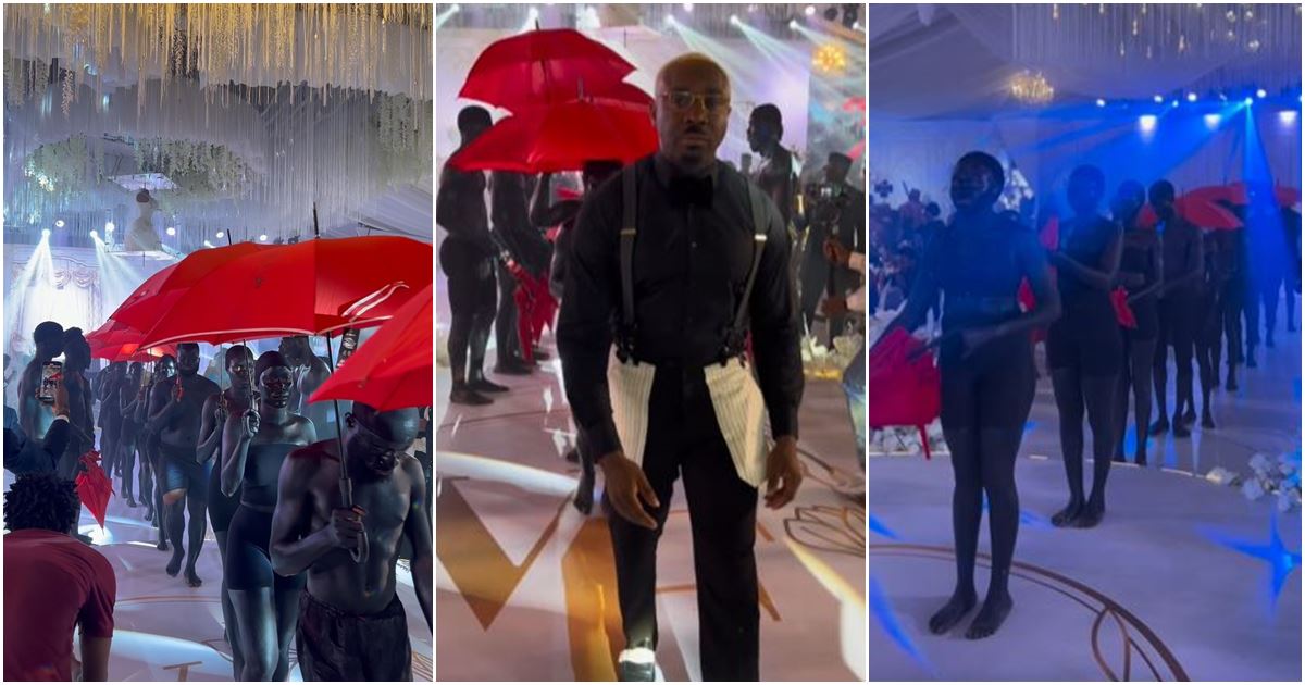 Pretty Mike storms Veekee James’ wedding with black-painted entourage bearing red umbrellas