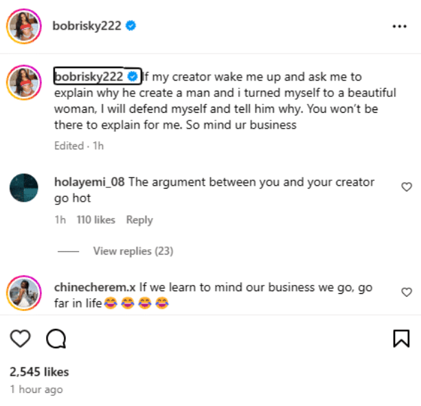 Bobrisky opens on what he'll say to his creator if confronted for changing his gender