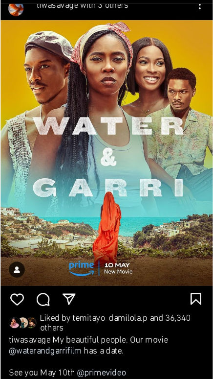 Tiwa Savage announces premiere date for her debut movie “Water & Garri”