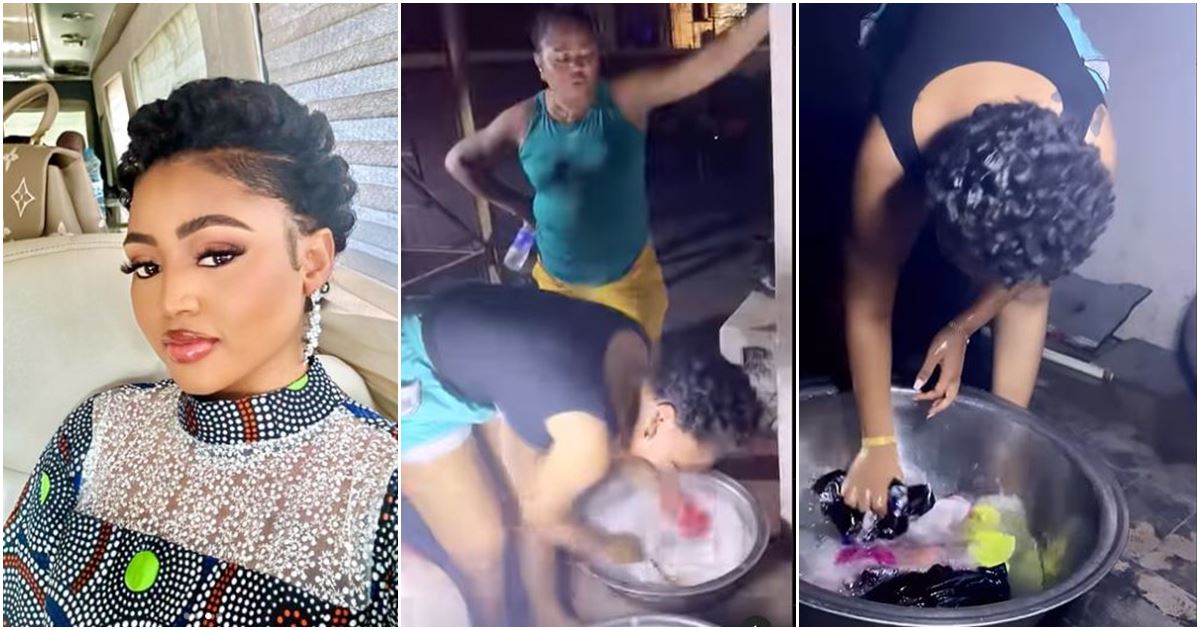 “She no know sey I be celebrity”- Regina Daniels laments as mom makes her wash plates, clothes at home -VIDEO