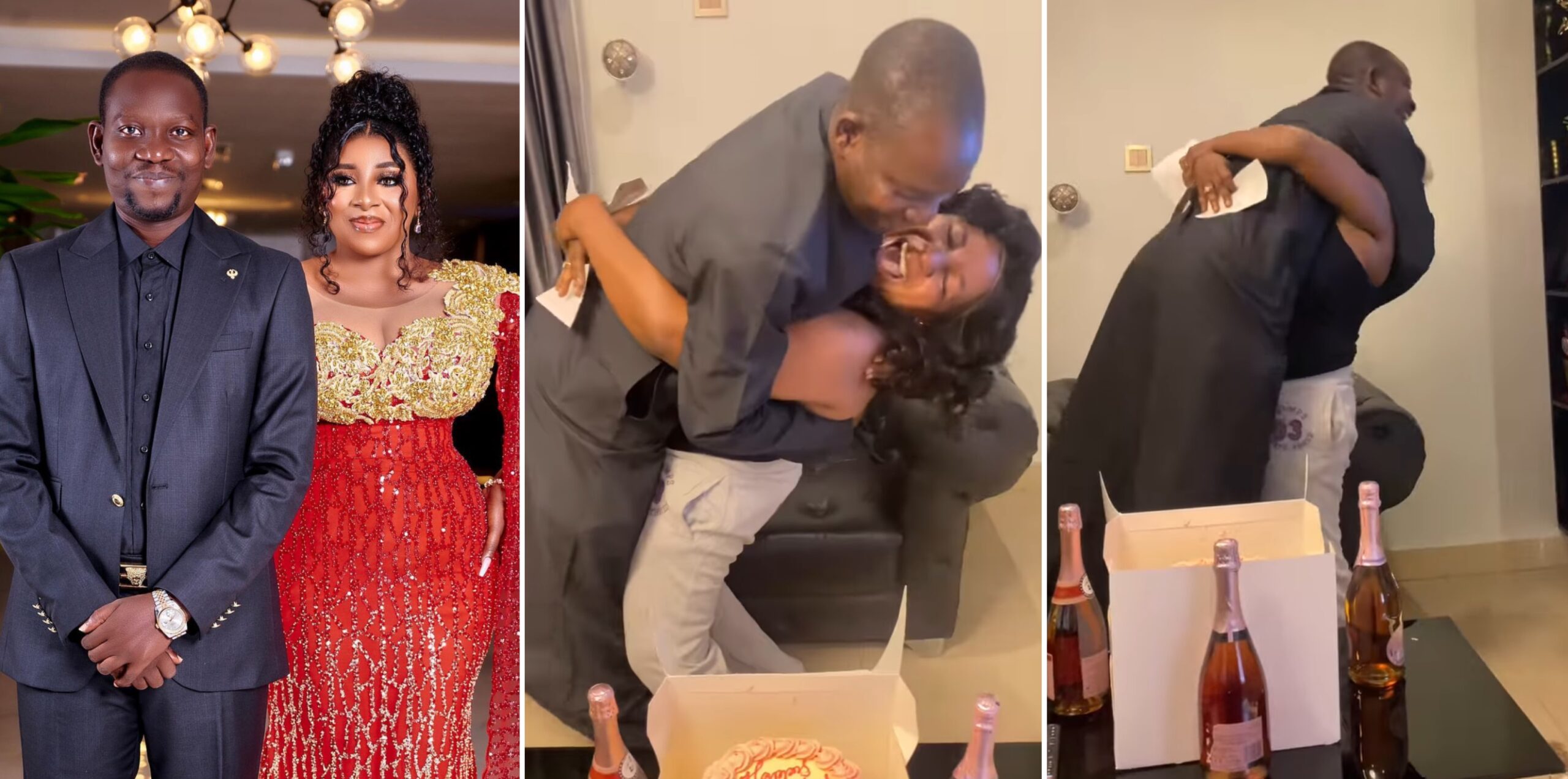 Exciting moment Mide Martins lifted husband, Afeez Owo after receiving birthday surprise [VIDEO]