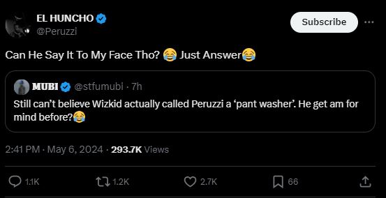 Peruzzi finally reacts to Wizkid addressing him as ‘pant washer’