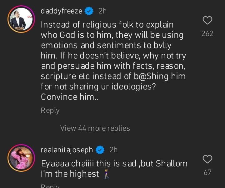 Daddy Freeze, Anita Joseph react as Danny reveals God isn’t real