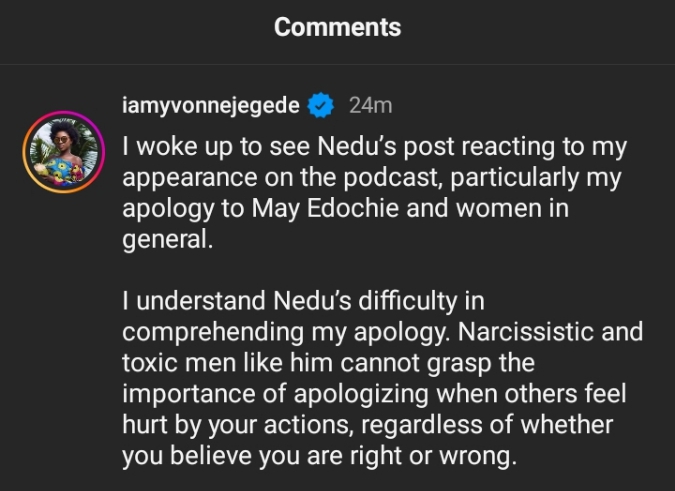 He asked me to take him out- Yvonne Jegede fires brutal shots at Nedu for trashing her apology to May Edochie