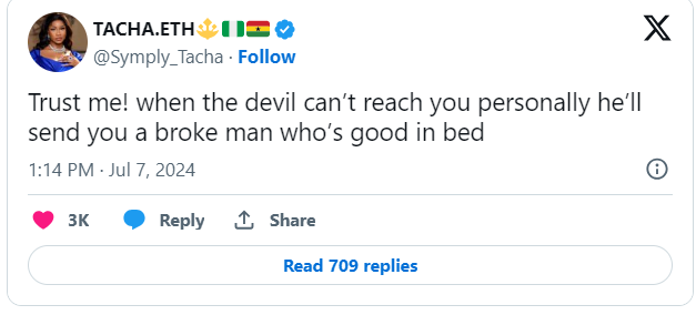 When the devil can’t reach you, he’ll send a broke man – Tacha