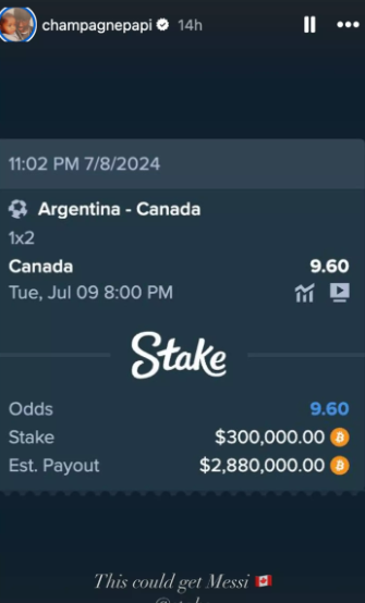 Drake bets 0k on Canada to defeat Argentina in Copa America semifinal