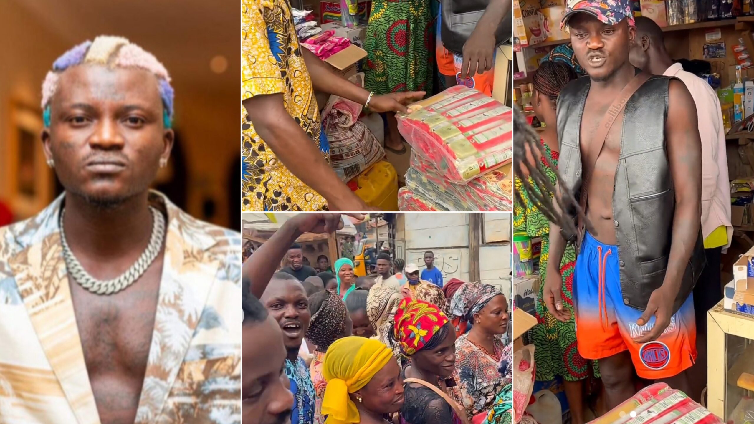 Portable stirs reactions as he gives out food items to Nigerians