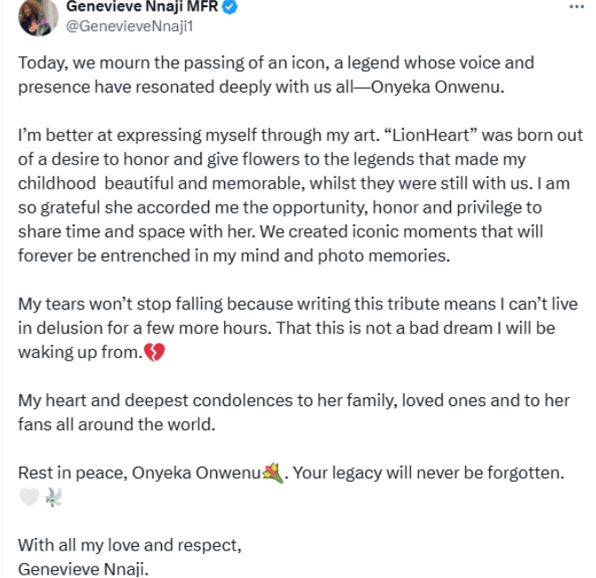 Genevieve Nnaji pays emotional tribute to Onyeka Onwenu following her demise