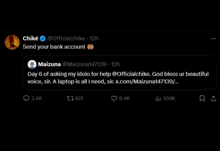 Chike gifts fan ₦100k for laptop after 6 days of begging on Twitter