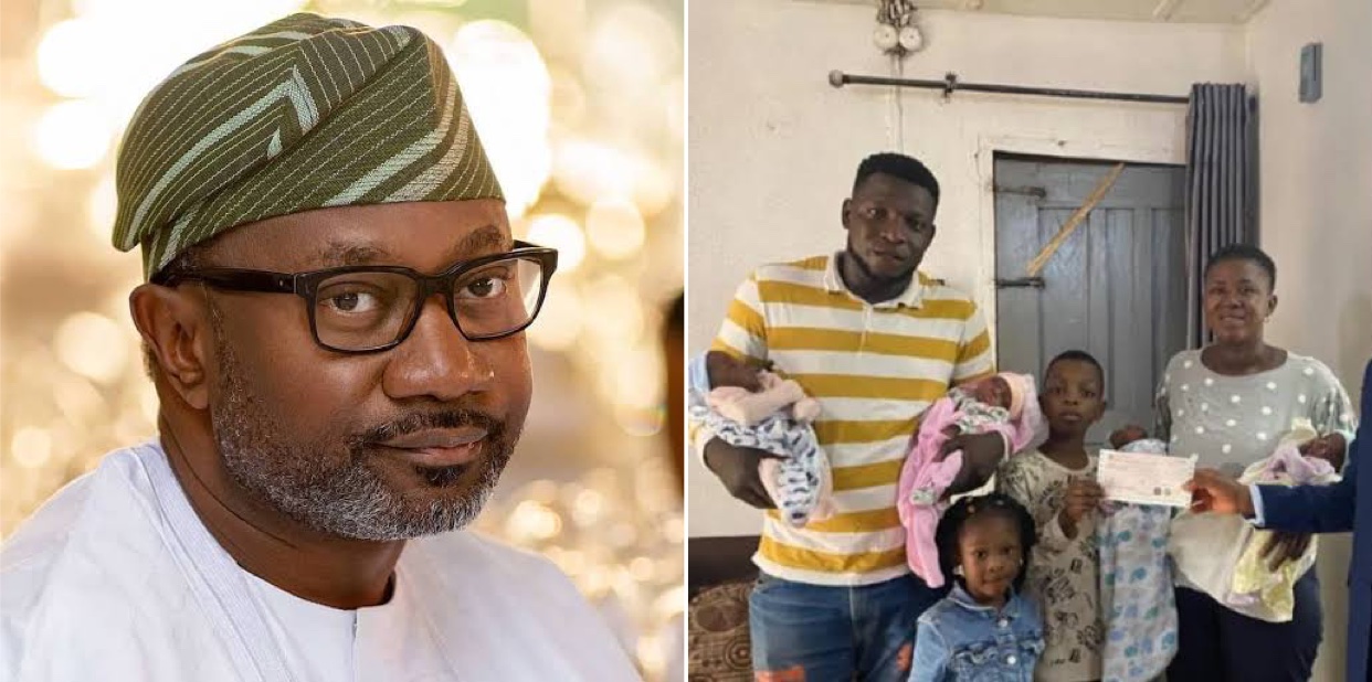 Femi Otedola gifts viral quadruplet parents N5 million, offers scholarships to their kids