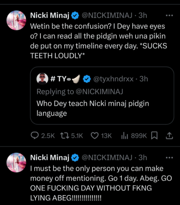 Nicki Minaj causes buzz online as she tweets in Pidgin English