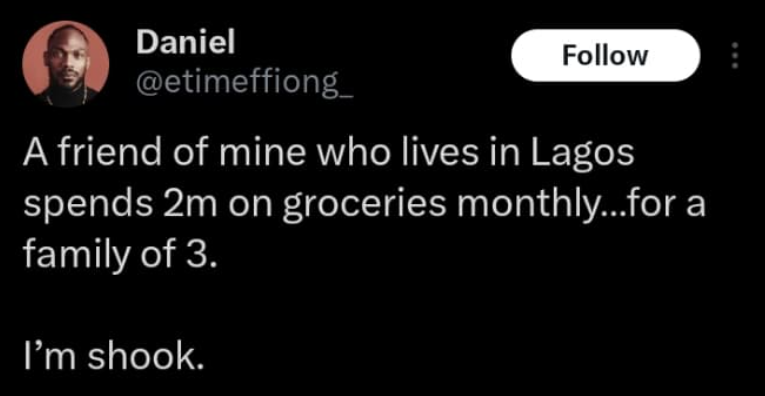 Daniel Etim Effiong reveals friend's staggering N2m monthly grocery expenses