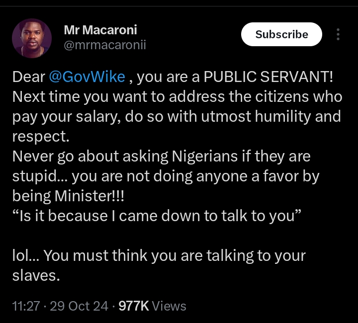 Mr. Macaroni berates Wike, politicians over lack of regards for Nigerians