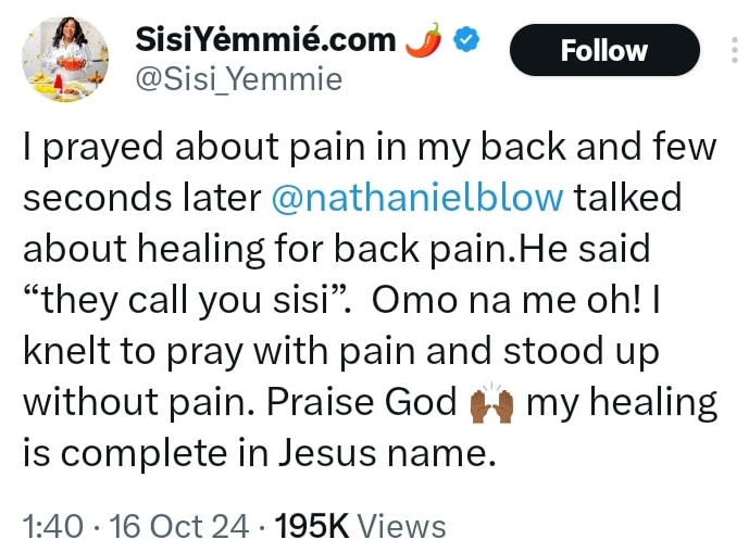 Sisi Yemmie celebrates miraculous healing during hallelujah challenge