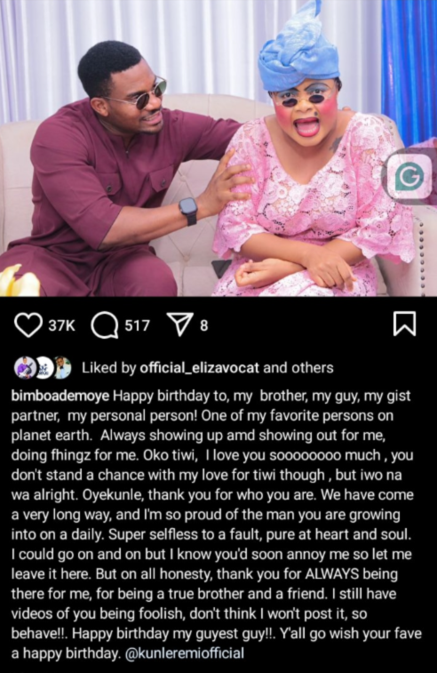 Bimbo Ademoye celebrates Kunle Remi with a heartwarming birthday post